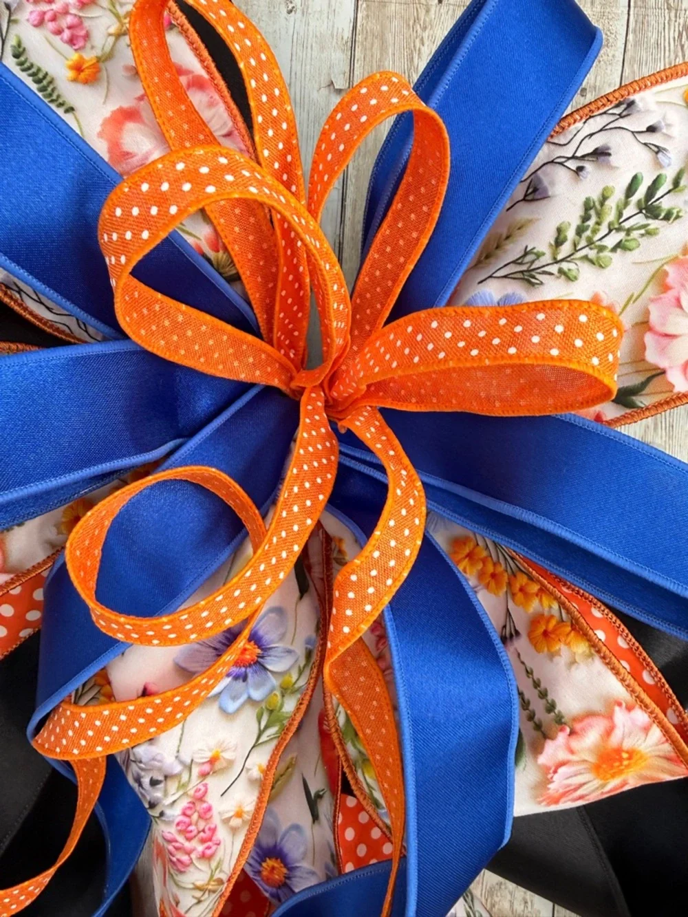 Blue, Orange & Black Floral Gift Bow - Decorative Party Ribbon